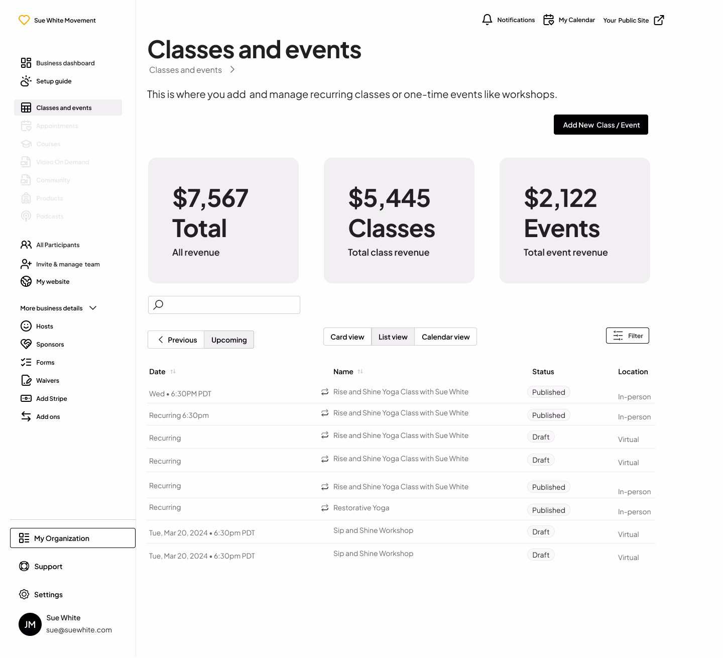 Classes and events dashboard preview